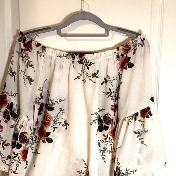 Umgee Women's Top Off-The-Shoulder Blouse Cream Floral Semi Sheer Flounce Sleeve - Picture 5 of 7